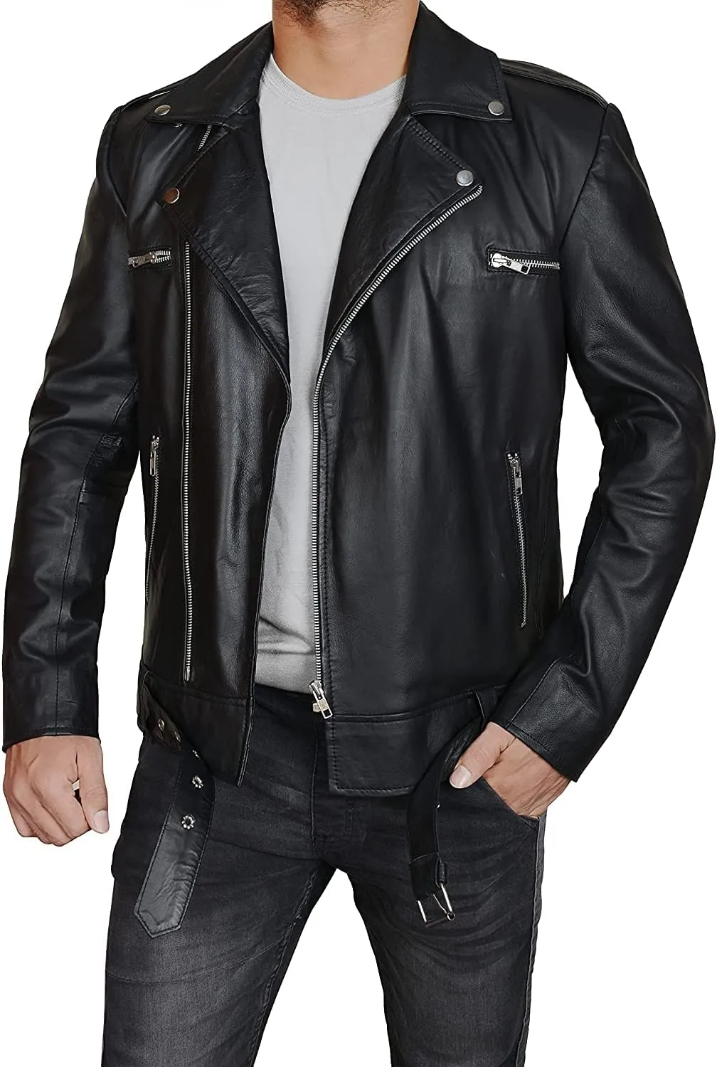 LP-FACON Mens Biker Brando Motorcycle Biker Black Leather/Faux Outerwear
