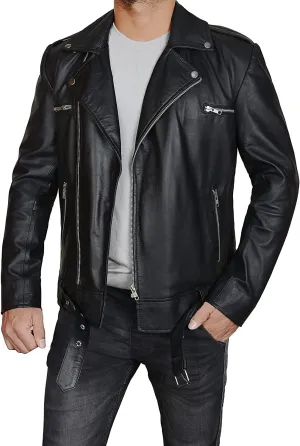 LP-FACON Mens Biker Brando Motorcycle Biker Black Leather/Faux Outerwear