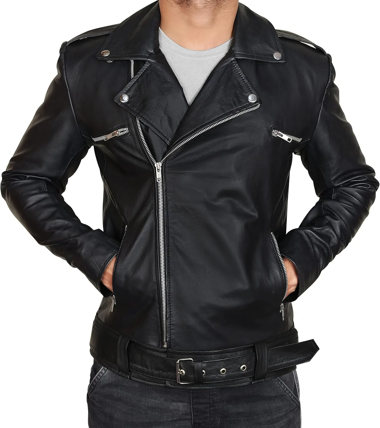 LP-FACON Mens Biker Brando Motorcycle Biker Black Leather/Faux Outerwear