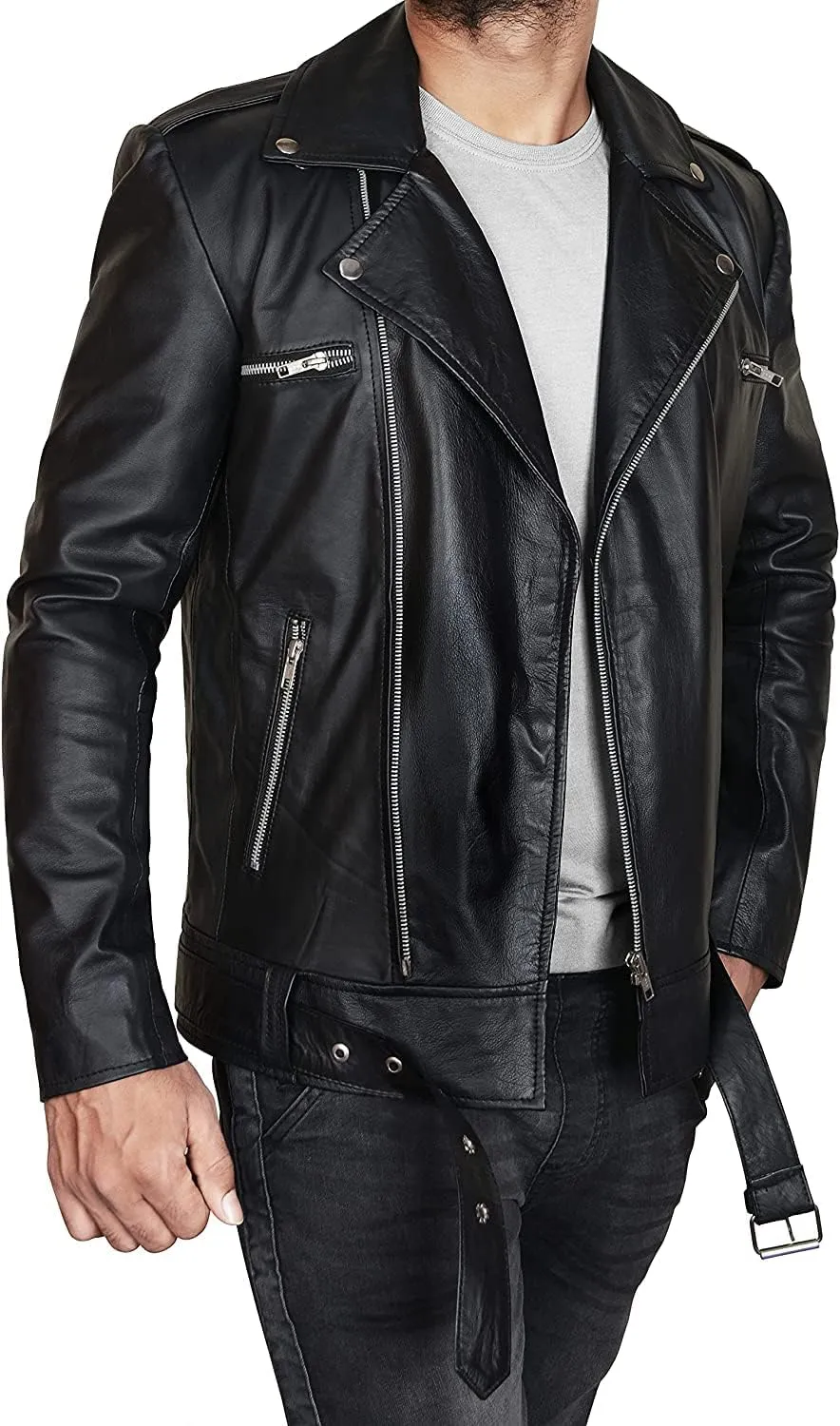 LP-FACON Mens Biker Brando Motorcycle Biker Black Leather/Faux Outerwear