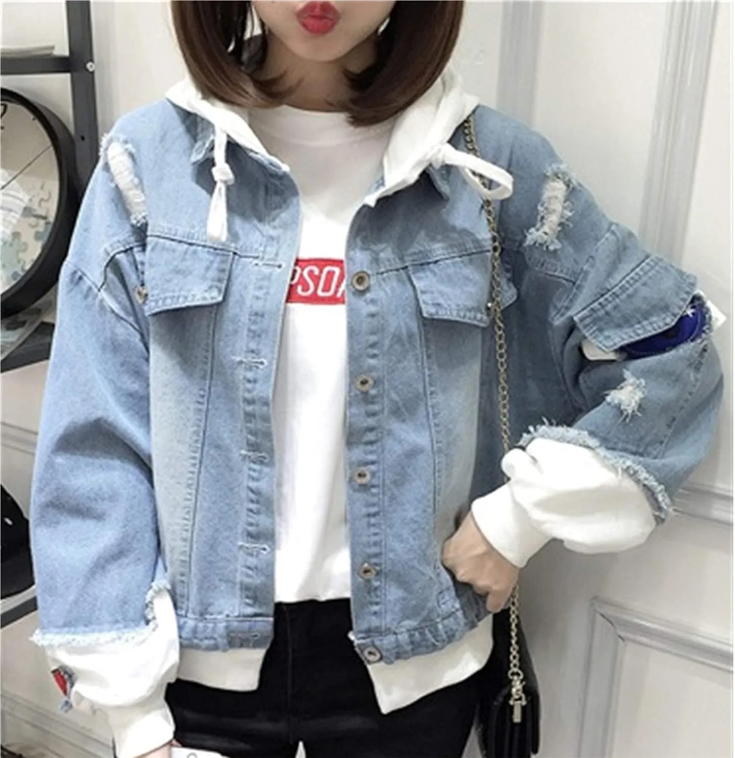 Lpstop Womens Jean Jacket Girl with Style Denim Jacket Button Down Denim Hoodie Gift for Teens