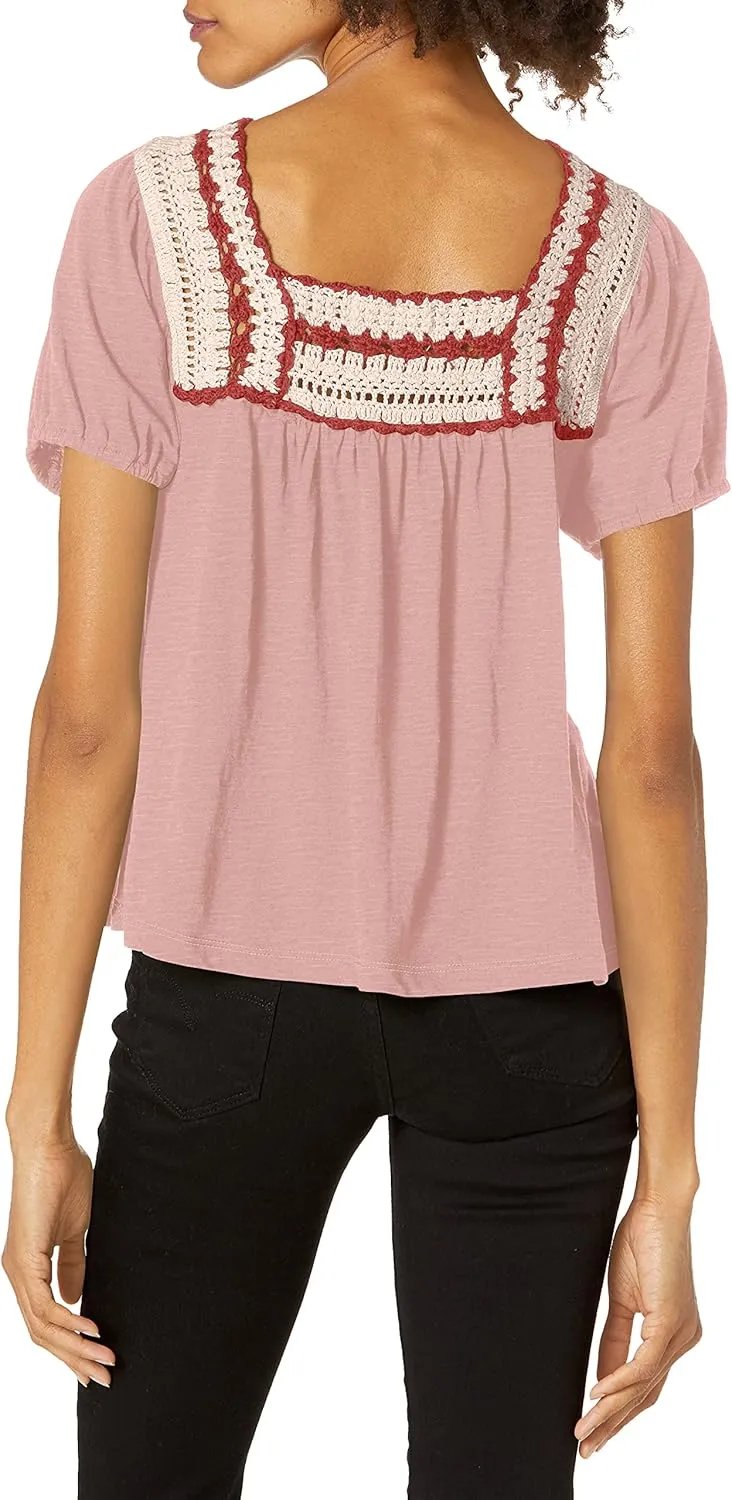 Lucky Brand Women's Short Sleeve Square Neck Crochet Top
