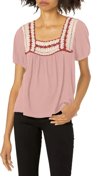 Lucky Brand Women's Short Sleeve Square Neck Crochet Top