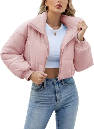Lumister Womens Lightweight Quilted Jacket Long Sleeve Stand Collar Zipper Cropped Puffer Jacket Coat