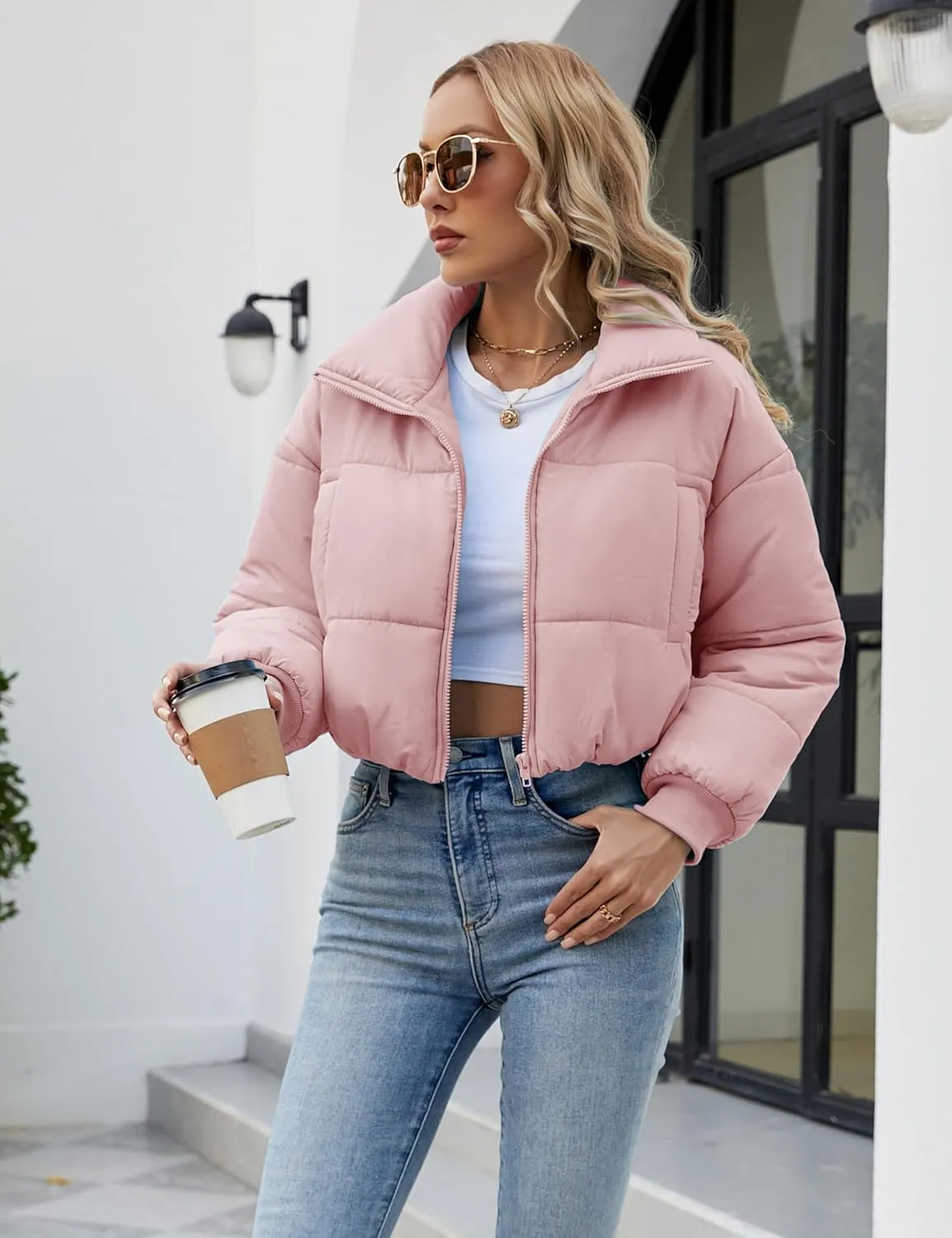 Lumister Womens Lightweight Quilted Jacket Long Sleeve Stand Collar Zipper Cropped Puffer Jacket Coat