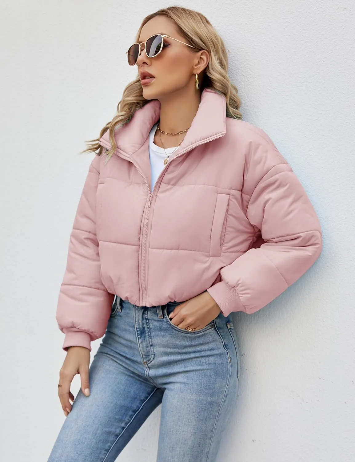 Lumister Womens Lightweight Quilted Jacket Long Sleeve Stand Collar Zipper Cropped Puffer Jacket Coat
