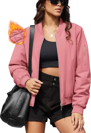 MAGCOMSEN Women's Winter Bomber Jacket Casual Basic Zip Up Padded Coats Water Resistant Long Sleeve Outwear with Pockets