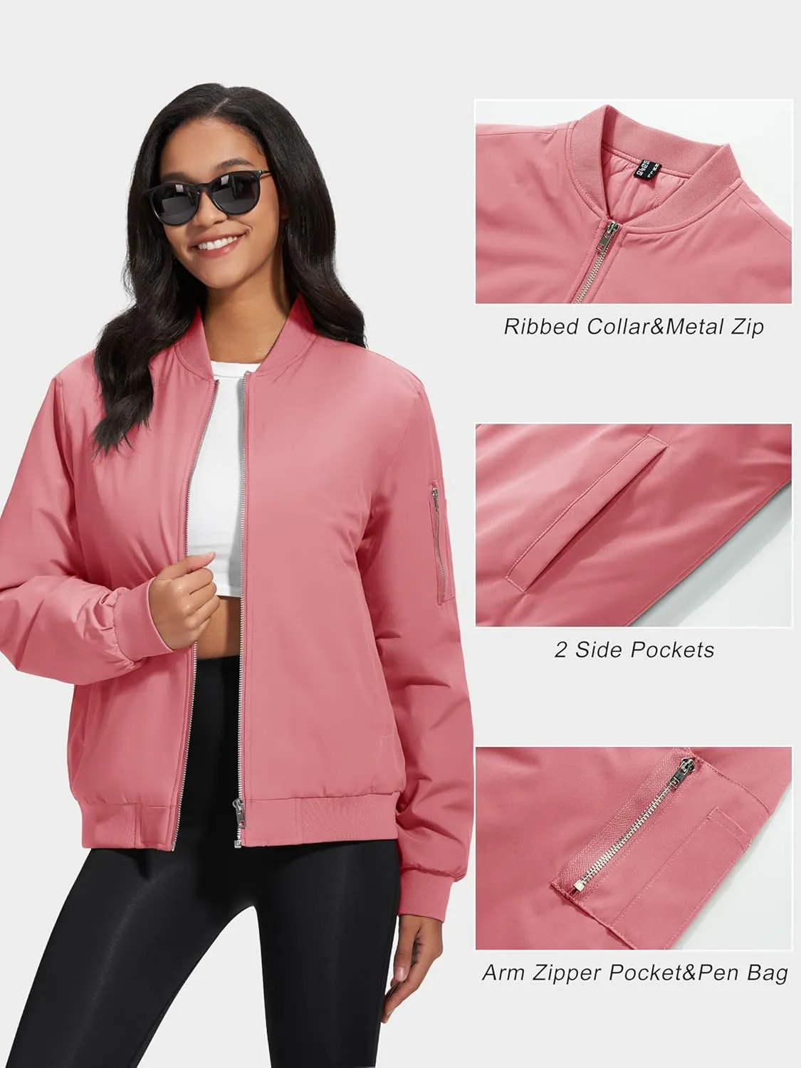 MAGCOMSEN Women's Winter Bomber Jacket Casual Basic Zip Up Padded Coats Water Resistant Long Sleeve Outwear with Pockets