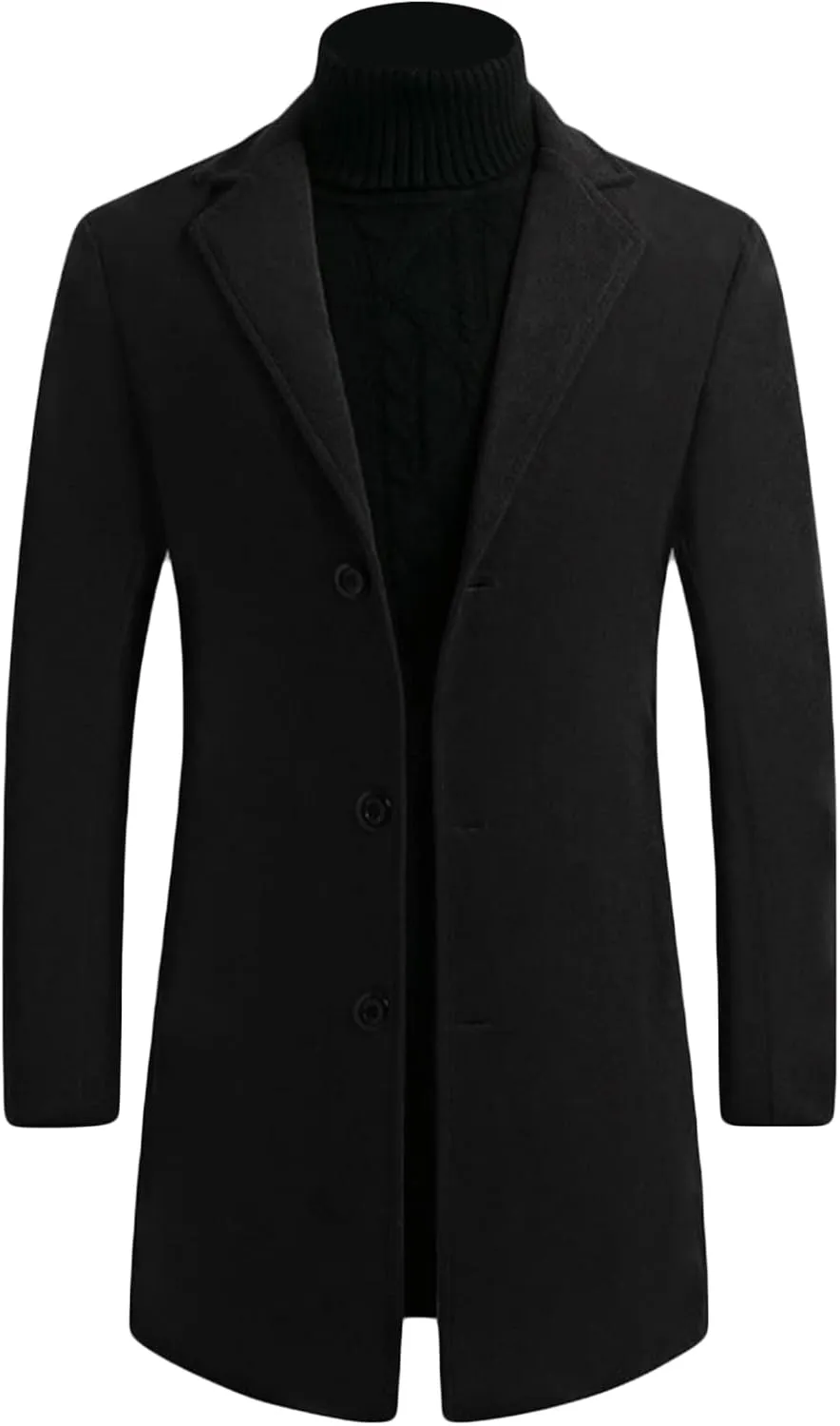 Maiyifu-GJ Mens Wool Blend Trench Coat Mid-Length Notched Collar Long Top Pea Coats Business Single Breasted Jacket Overcoat