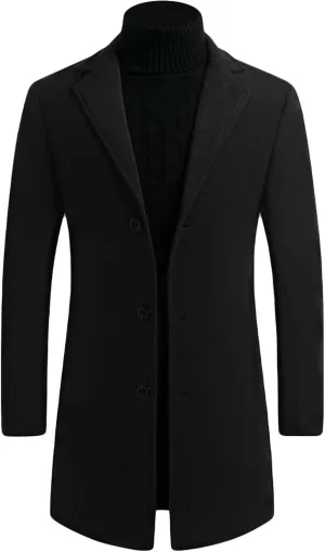 Maiyifu-GJ Mens Wool Blend Trench Coat Mid-Length Notched Collar Long Top Pea Coats Business Single Breasted Jacket Overcoat