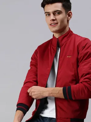 Men Maroon Reversible Puffer Jacket with Embroidered