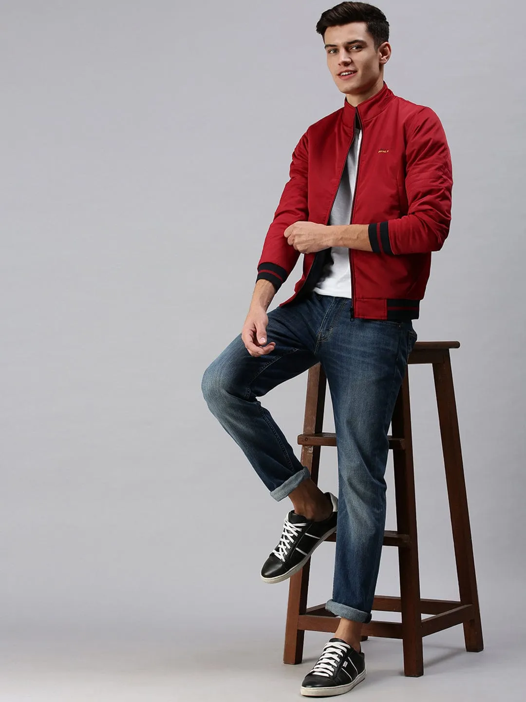 Men Maroon Reversible Puffer Jacket with Embroidered