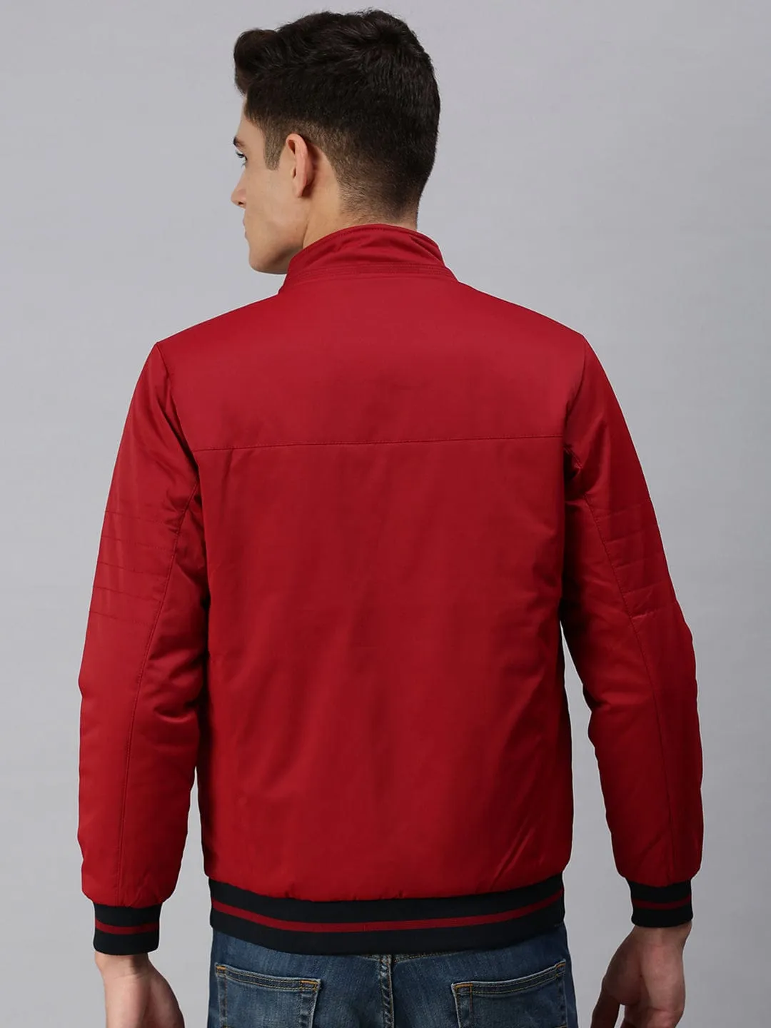 Men Maroon Reversible Puffer Jacket with Embroidered