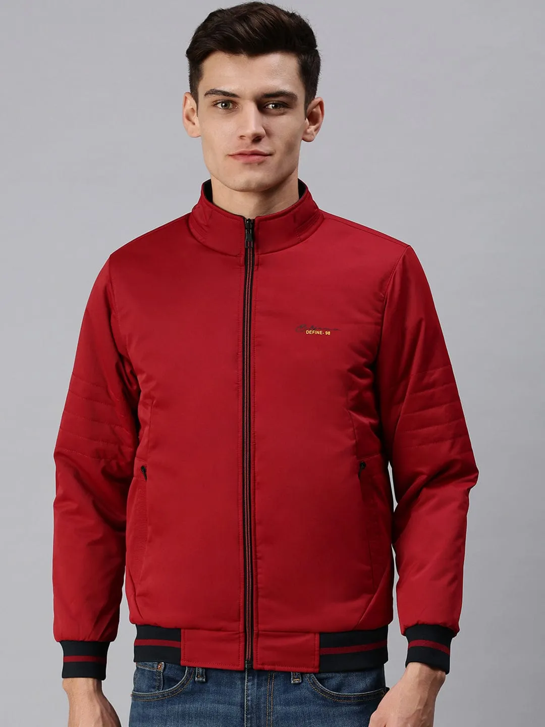 Men Maroon Reversible Puffer Jacket with Embroidered