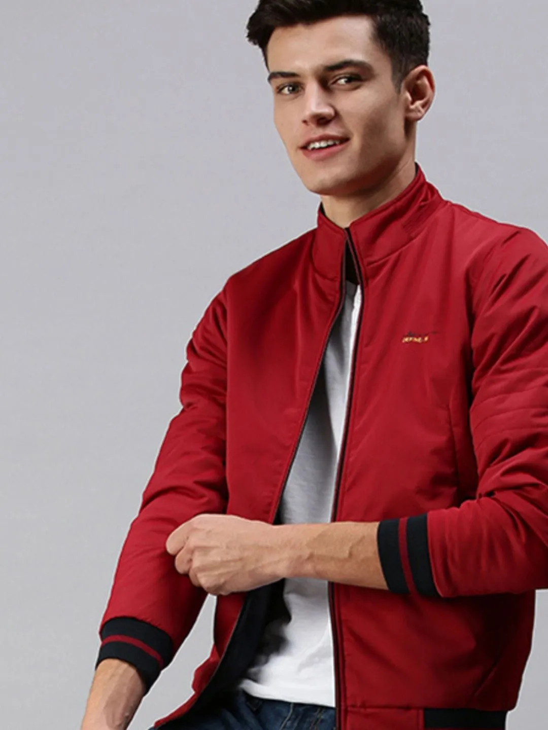 Men Maroon Reversible Puffer Jacket with Embroidered