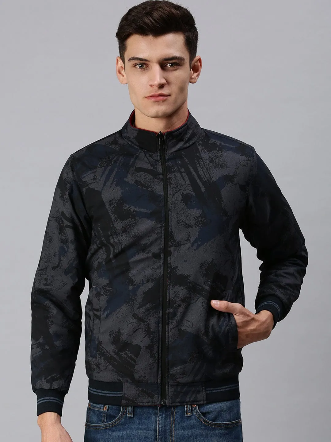 Men Maroon Reversible Puffer Jacket with Embroidered