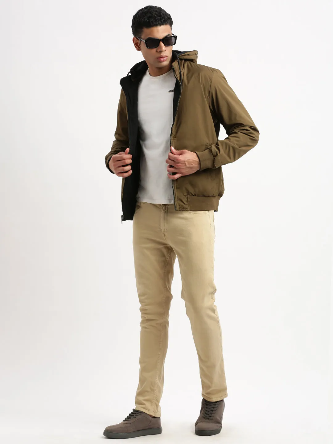 Men Mock Collar Black Solid Reversible Bomber Jacket comes with Detachable Hoodie