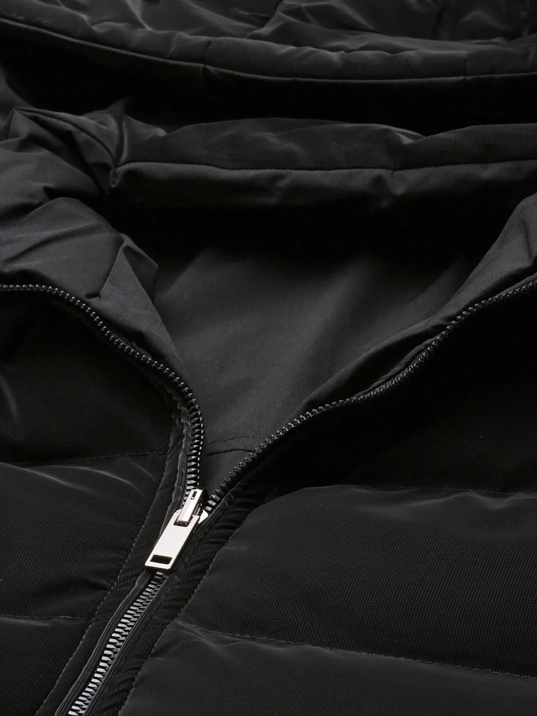 Men Mock Collar Black Solid Reversible Puffer Jacket comes with Detachable Hoodie