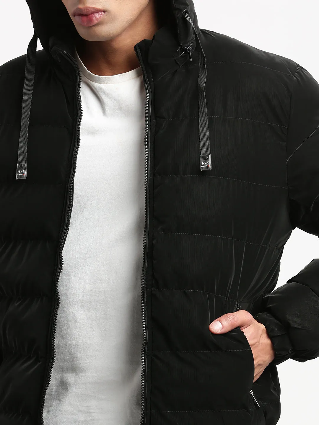 Men Mock Collar Black Solid Reversible Puffer Jacket comes with Detachable Hoodie