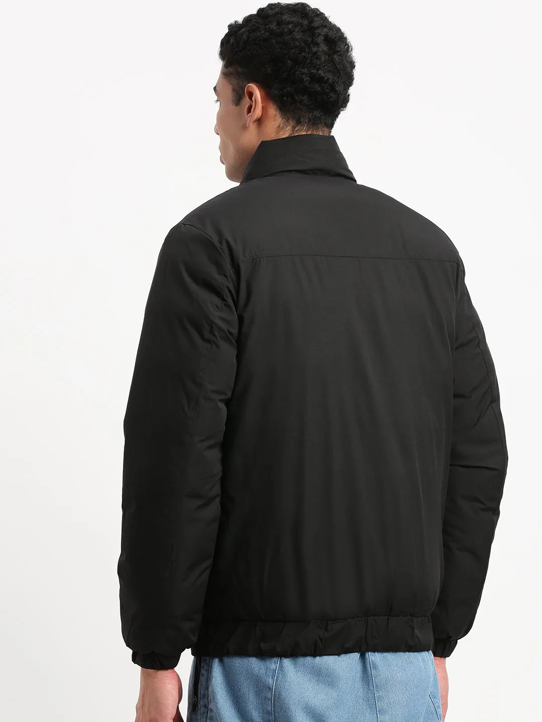 Men Mock Collar Black Solid Reversible Puffer Jacket comes with Detachable Hoodie