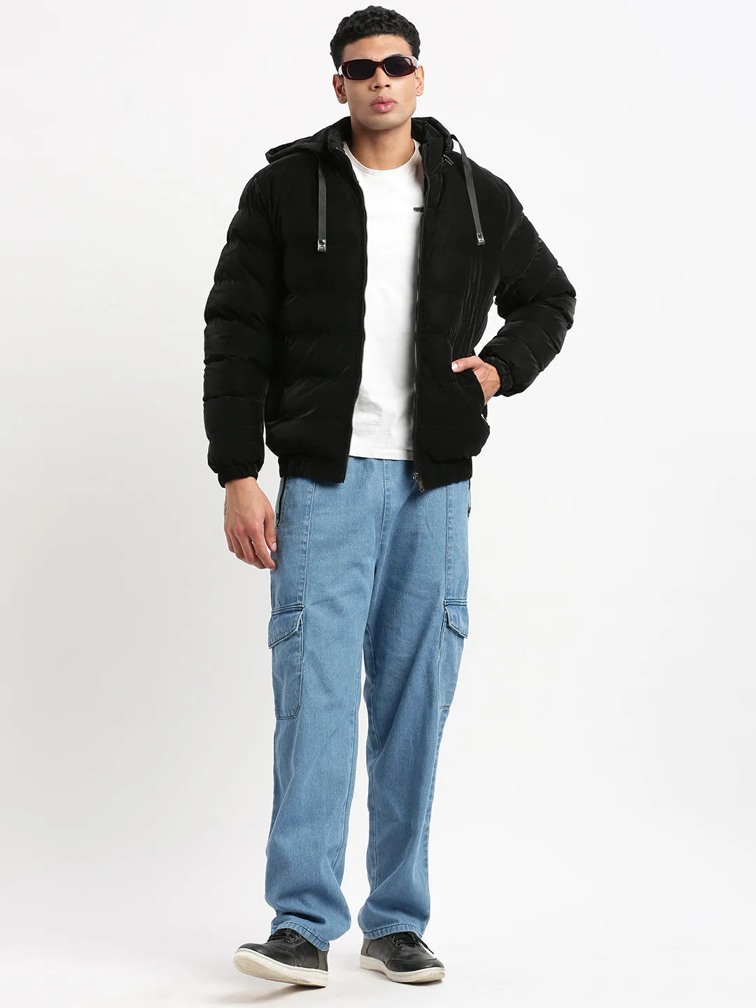 Men Mock Collar Black Solid Reversible Puffer Jacket comes with Detachable Hoodie