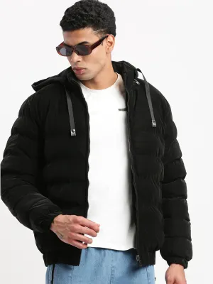 Men Mock Collar Black Solid Reversible Puffer Jacket comes with Detachable Hoodie