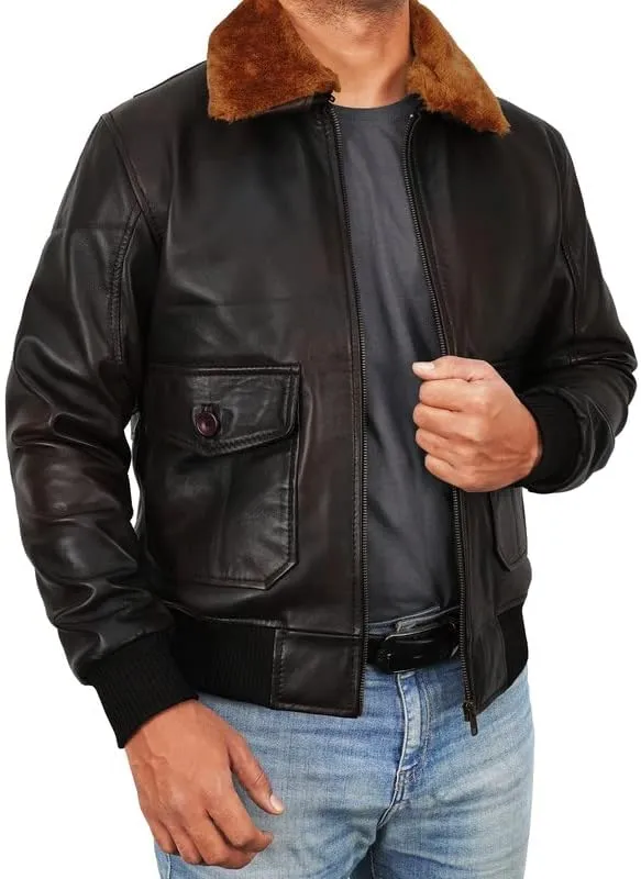 Men's A2 Aviator Pilot Flight Distressed Brown Leather Jacket - WW2 USAAF Air Force Flying Bomber Outerwear
