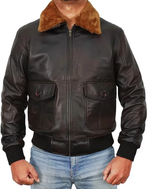 Men's A2 Aviator Pilot Flight Distressed Brown Leather Jacket - WW2 USAAF Air Force Flying Bomber Outerwear