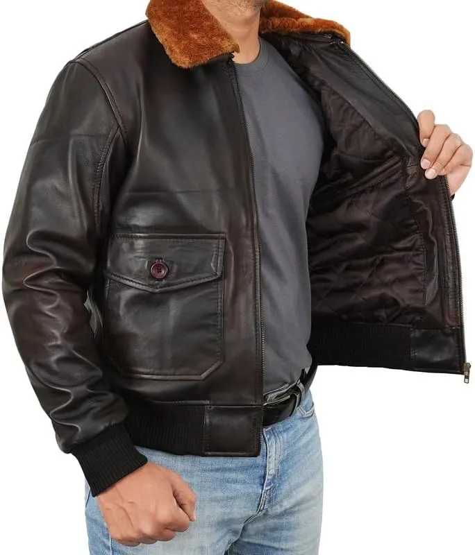 Men's A2 Aviator Pilot Flight Distressed Brown Leather Jacket - WW2 USAAF Air Force Flying Bomber Outerwear