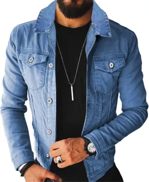 Mens Blue Casual Turn-Down Collar Slim Fit Streetwear Motorcycle Denim Jacket