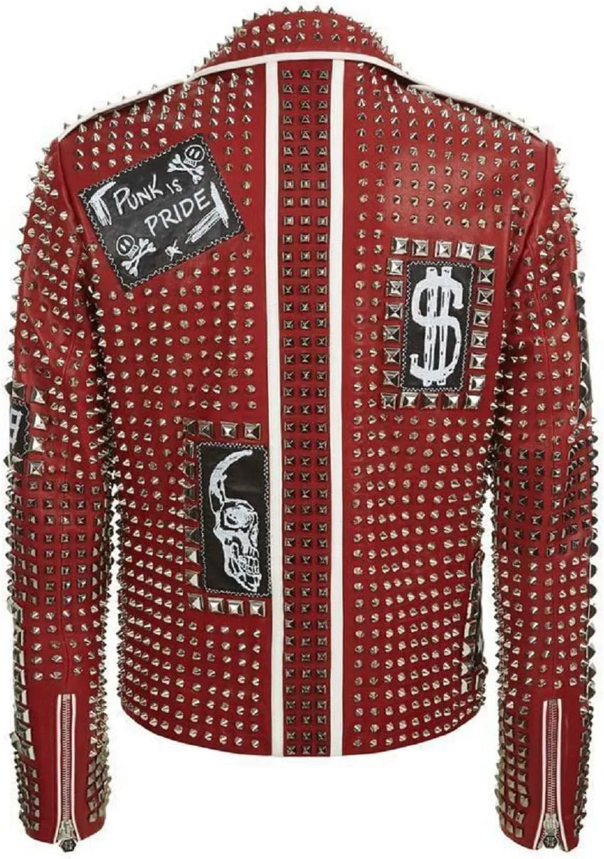 Mens Cafe Racer Studded Biker Punk Is Pride Red Brando Motorcycle Leather Jacket - Spikes Jacket