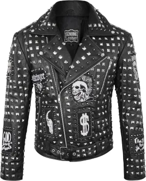Mens Cafe Racer Studded Biker Punk Is Pride Red Brando Motorcycle Leather Jacket - Spikes Jacket
