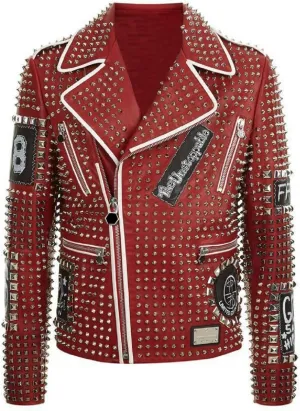 Mens Cafe Racer Studded Biker Punk Is Pride Red Brando Motorcycle Leather Jacket - Spikes Jacket