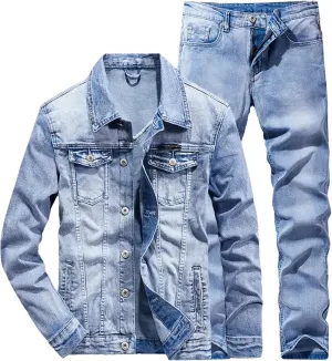Men's Denim Two Piece Set Slim Micro-Stretch Two-Piece Jacket Jeans Suit
