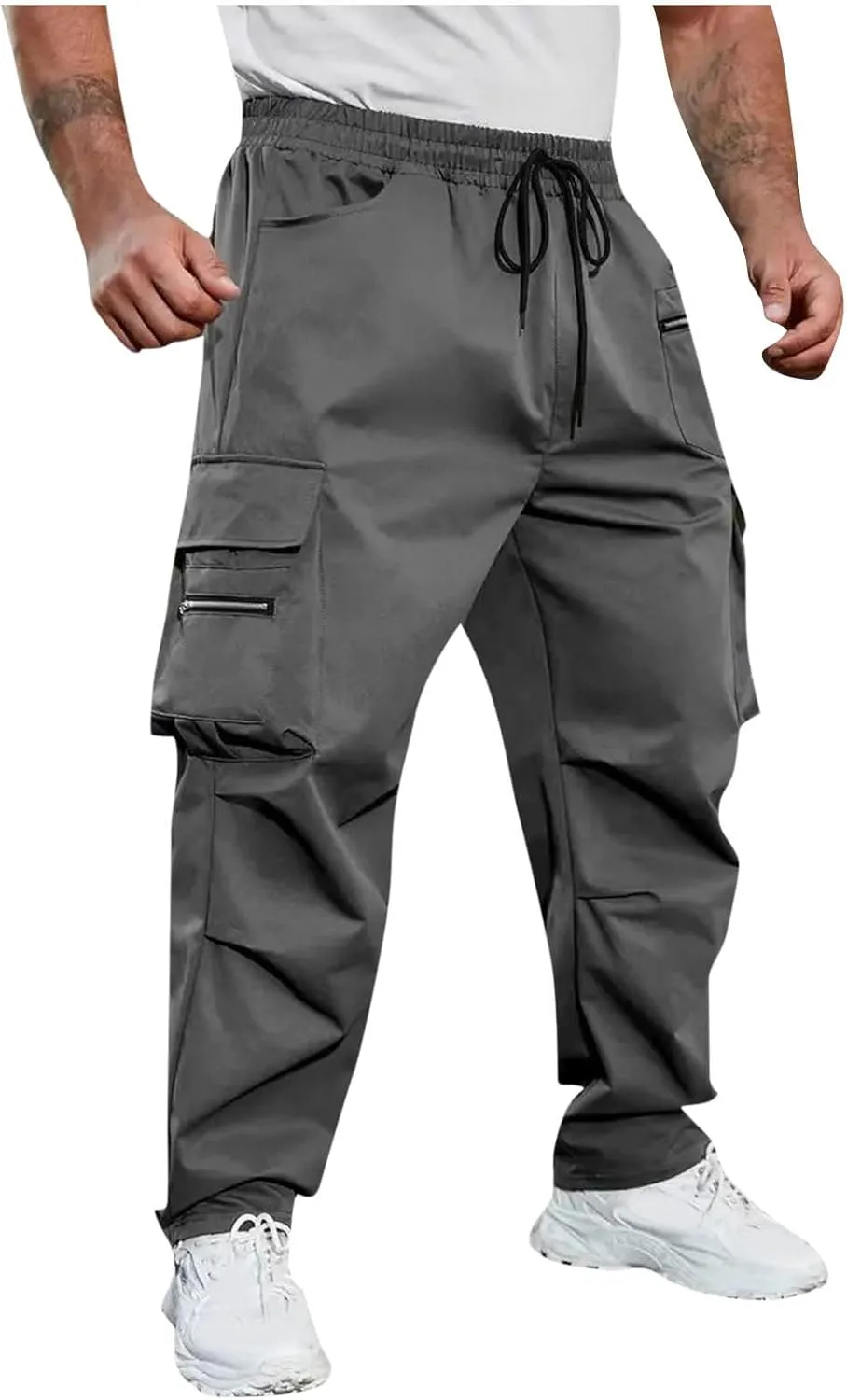 Mens Outdoor Cargo Pants Elastic High Waist Drawstring Summer Chinos Pants Straight Leg Tactical Trousers with Pocket
