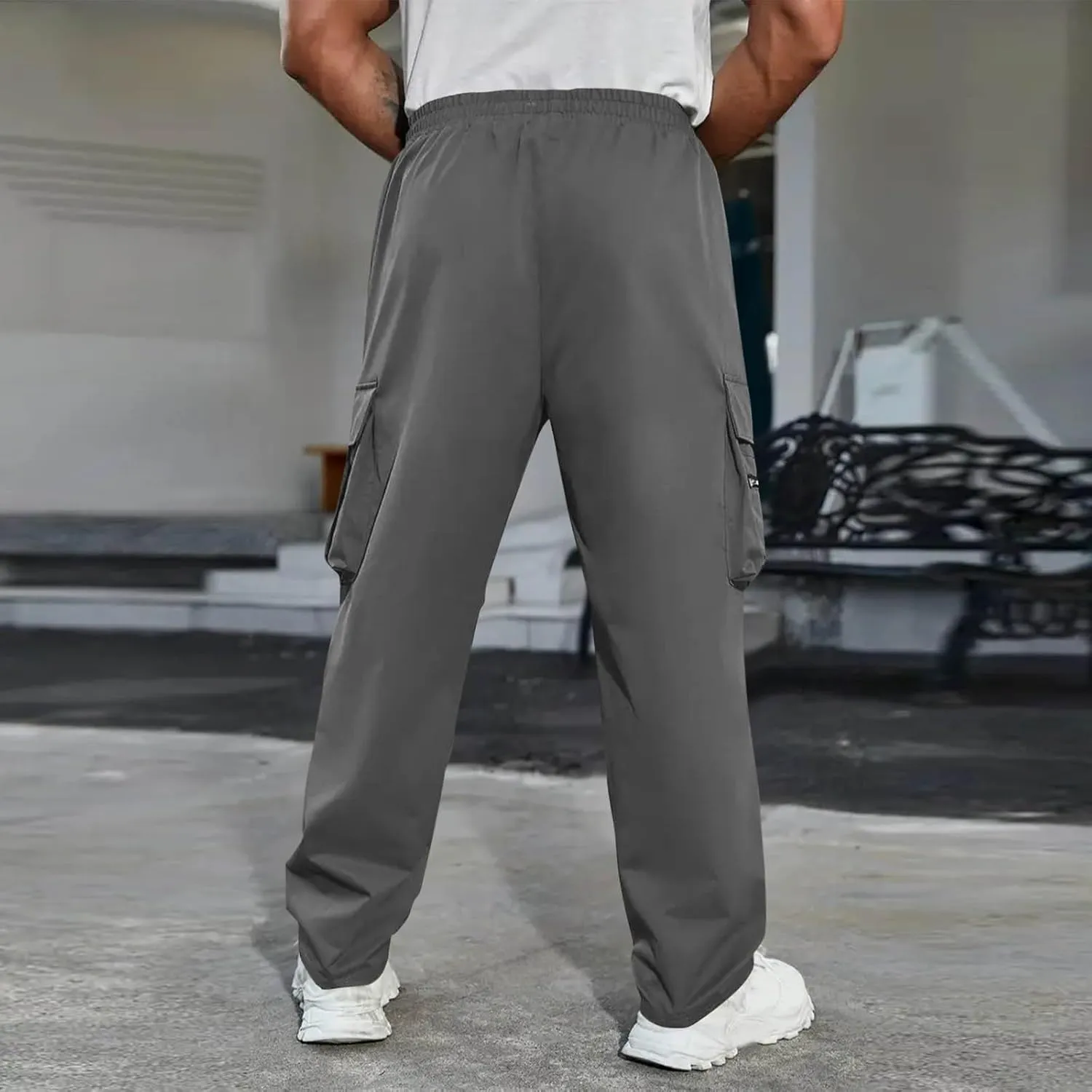 Mens Outdoor Cargo Pants Elastic High Waist Drawstring Summer Chinos Pants Straight Leg Tactical Trousers with Pocket
