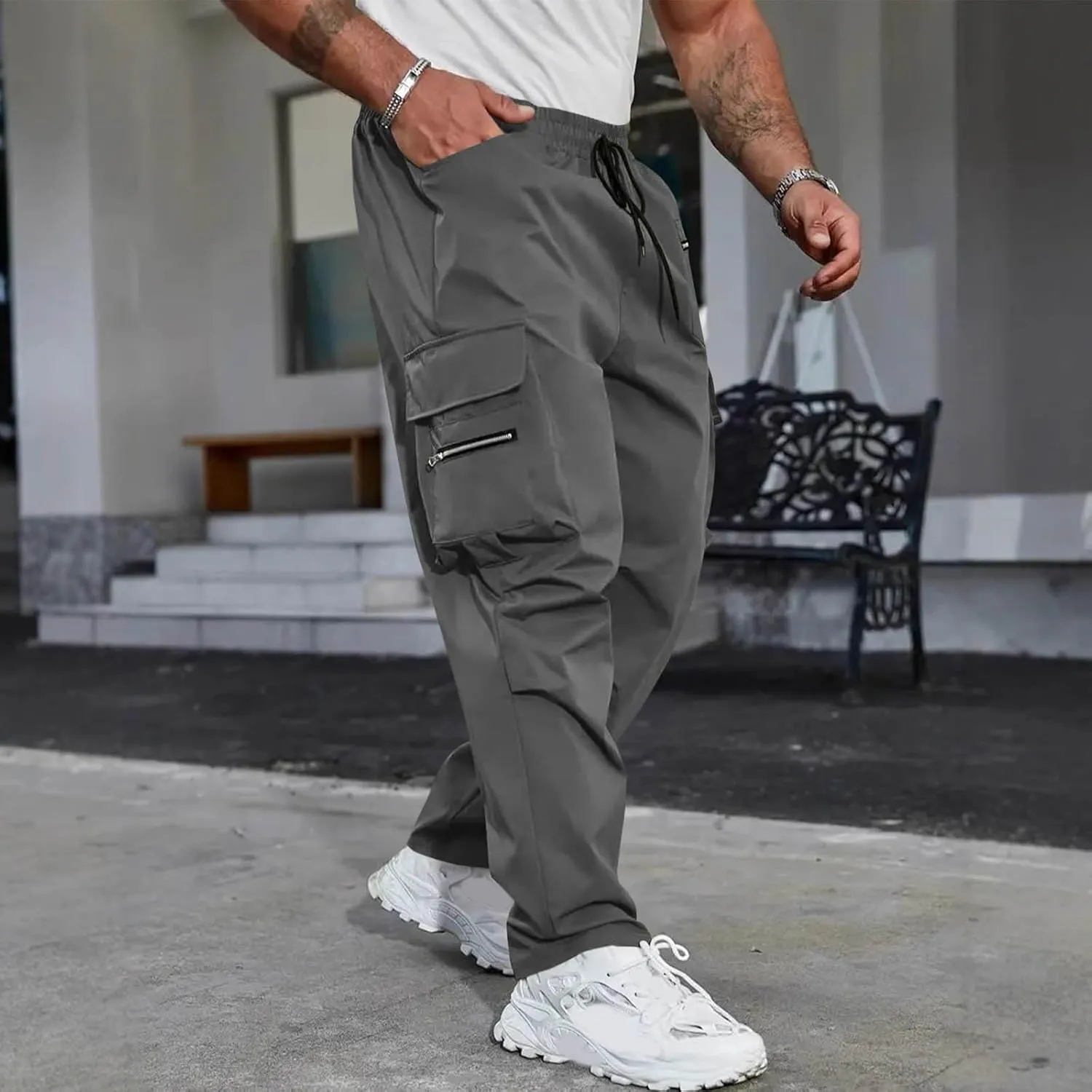 Mens Outdoor Cargo Pants Elastic High Waist Drawstring Summer Chinos Pants Straight Leg Tactical Trousers with Pocket
