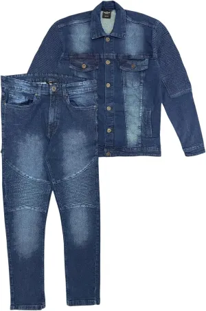 Mens Premium Denim Jean Suit Standard Cut Biker Jacket With Slim Fit Biker Pants