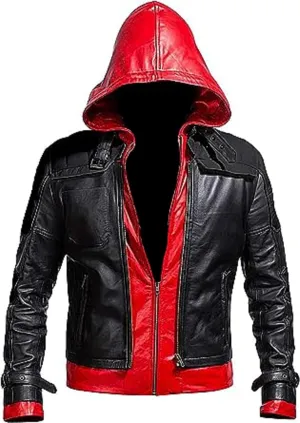 Men's Red Black Faux Leather Motorcycle Jacket - Red Hooded Faux Leather Jacket Biker Jacket Men