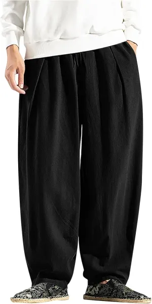 Men's Solid Color Drawstring Elastic Waist Ninth Pants Cotton Linen Sector Pant Leg Pants Retro Loose Stitching Trousers