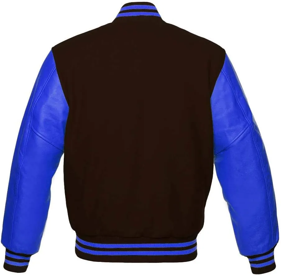 Men's Varsity Baseball Letterman Bomber Wool & Royal Blue Genuine Leather Sleeves D Logo Jacket