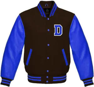 Men's Varsity Baseball Letterman Bomber Wool & Royal Blue Genuine Leather Sleeves D Logo Jacket