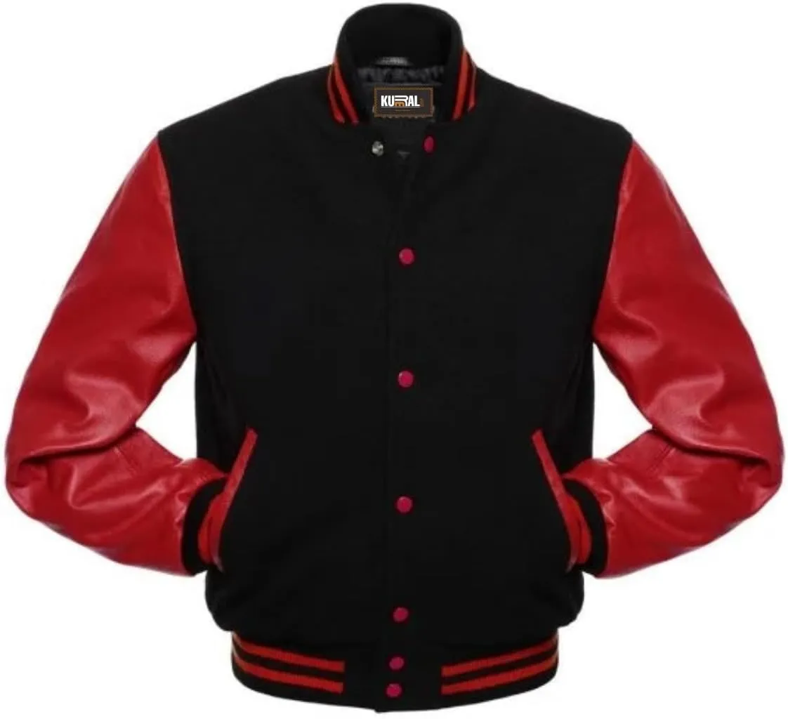 Mens Varsity Jacket - Letterman Jacket - Wool Body Genuine Leather Sleeves Bomber Jacket