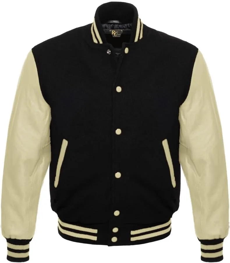 Men's Varsity Letterman Black Wool & Genuine Tewelve Colour Leather Sleeves Bomber Style Baseball Jacket