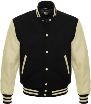 Men's Varsity Letterman Black Wool & Genuine Tewelve Colour Leather Sleeves Bomber Style Baseball Jacket