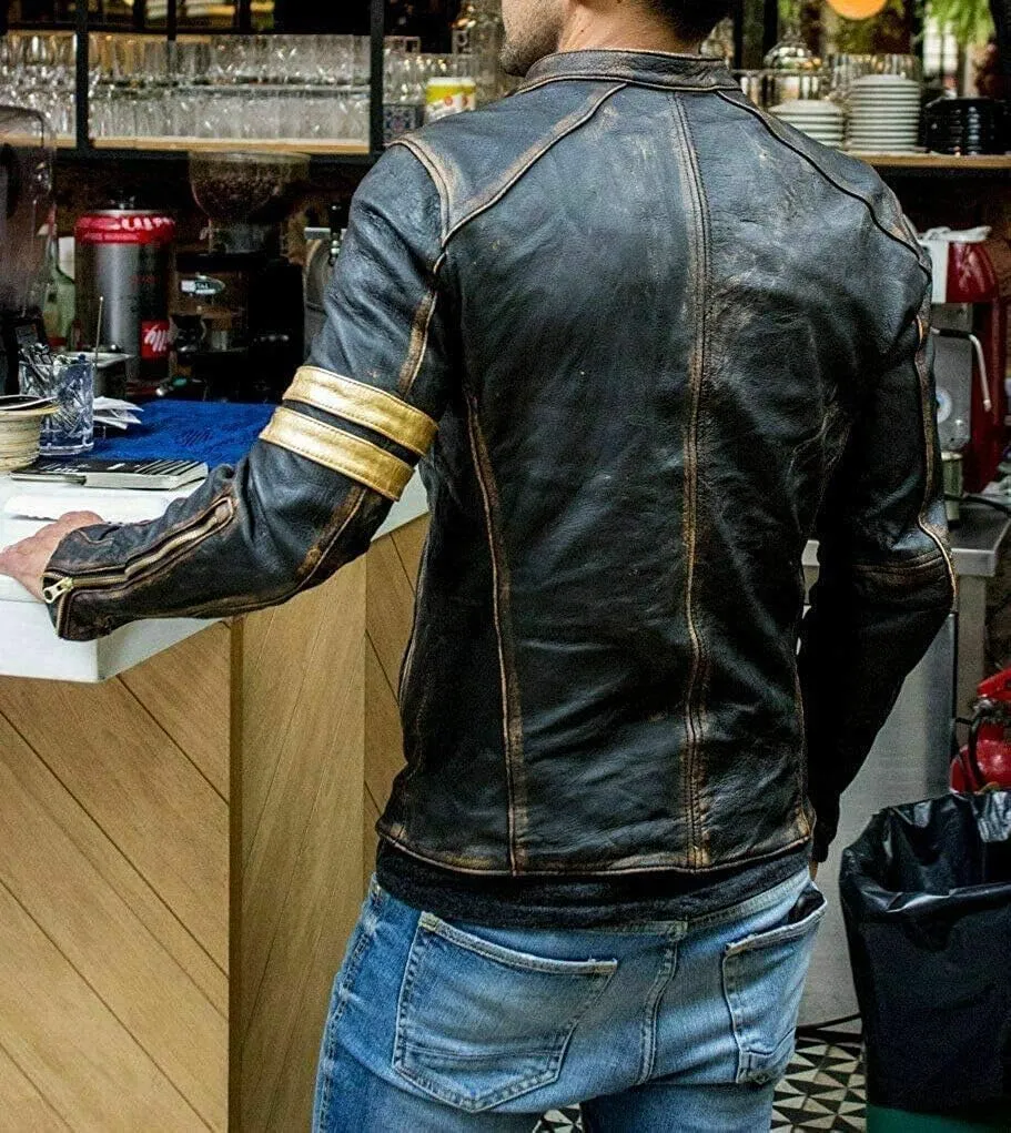 Mens Vintage Cafe Racer Motorcycle Distressed Biker Leather Jacket