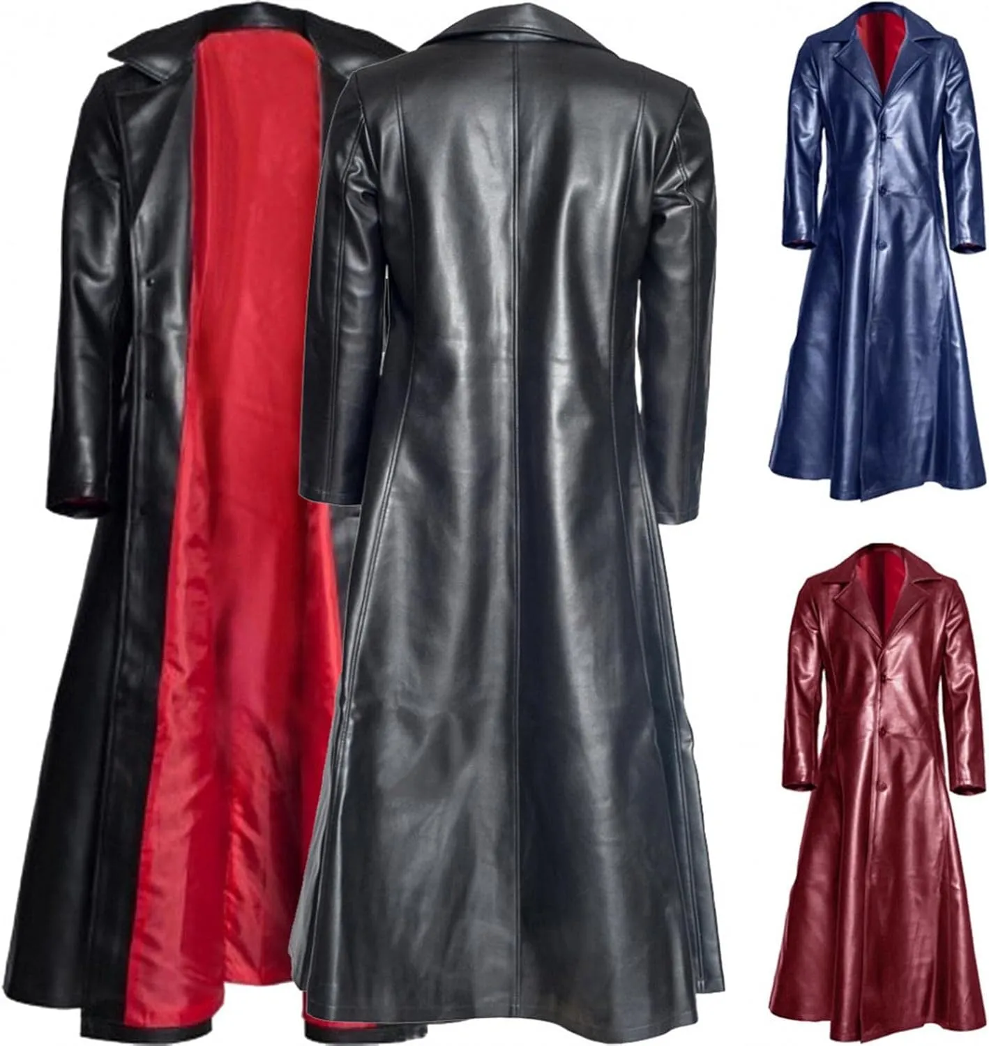 Mens Vintage Faux Leather Trench Coat Steampunk Gothic Full Length Overcoat Windproof Big and Tall Motorcycle Jacket