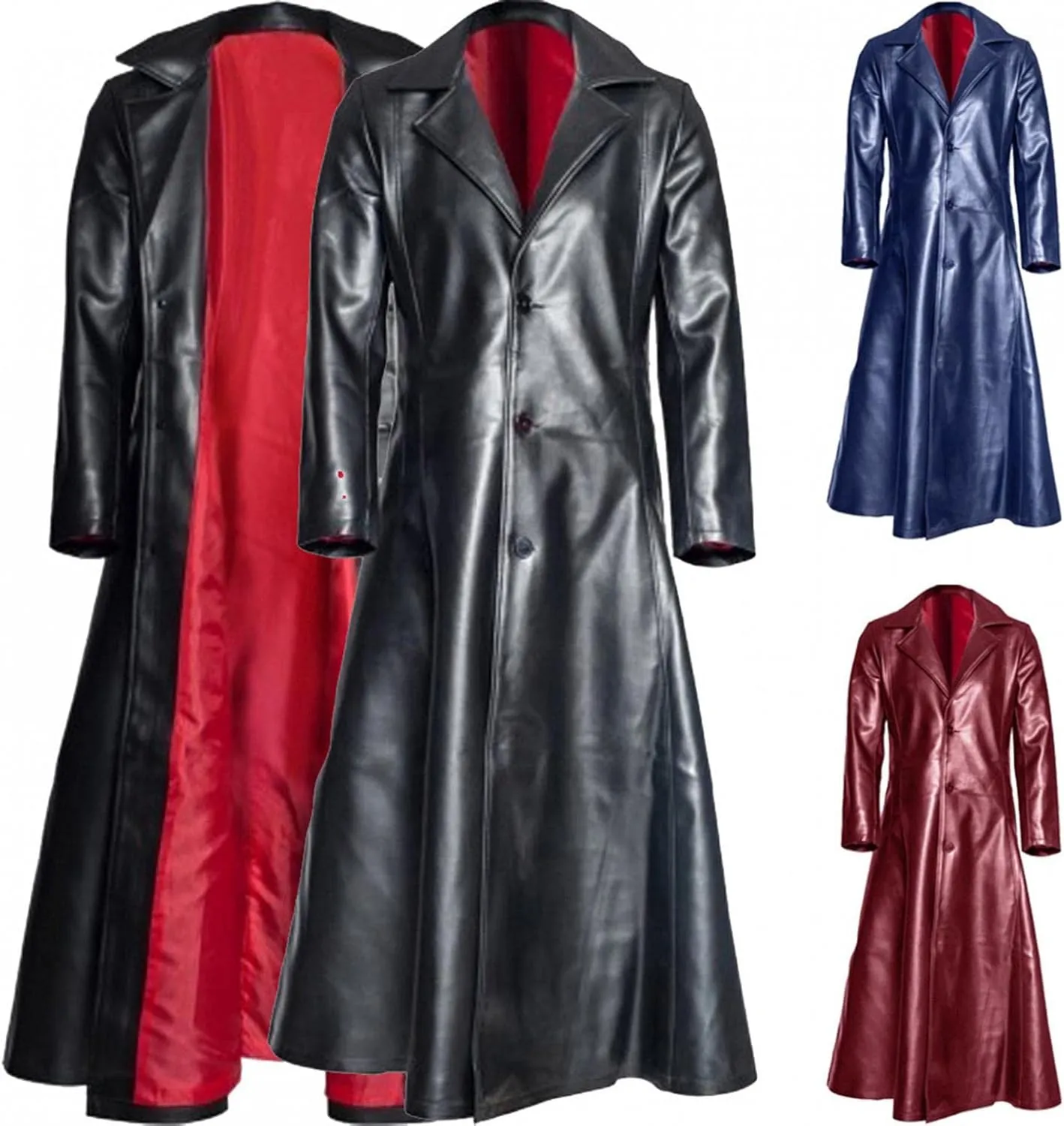 Mens Vintage Faux Leather Trench Coat Steampunk Gothic Full Length Overcoat Windproof Big and Tall Motorcycle Jacket