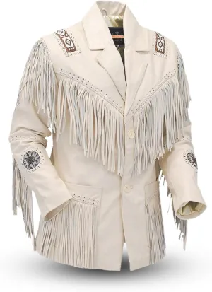 Men's Western Genuine Cowhide Leather Jacket| Traditional Native American Real Cowhide Cowboy Coat with Fringe