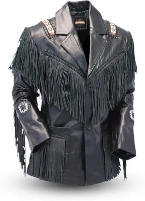 Men's Western Genuine Cowhide Leather Jacket| Traditional Native American Real Cowhide Cowboy Coat with Fringe
